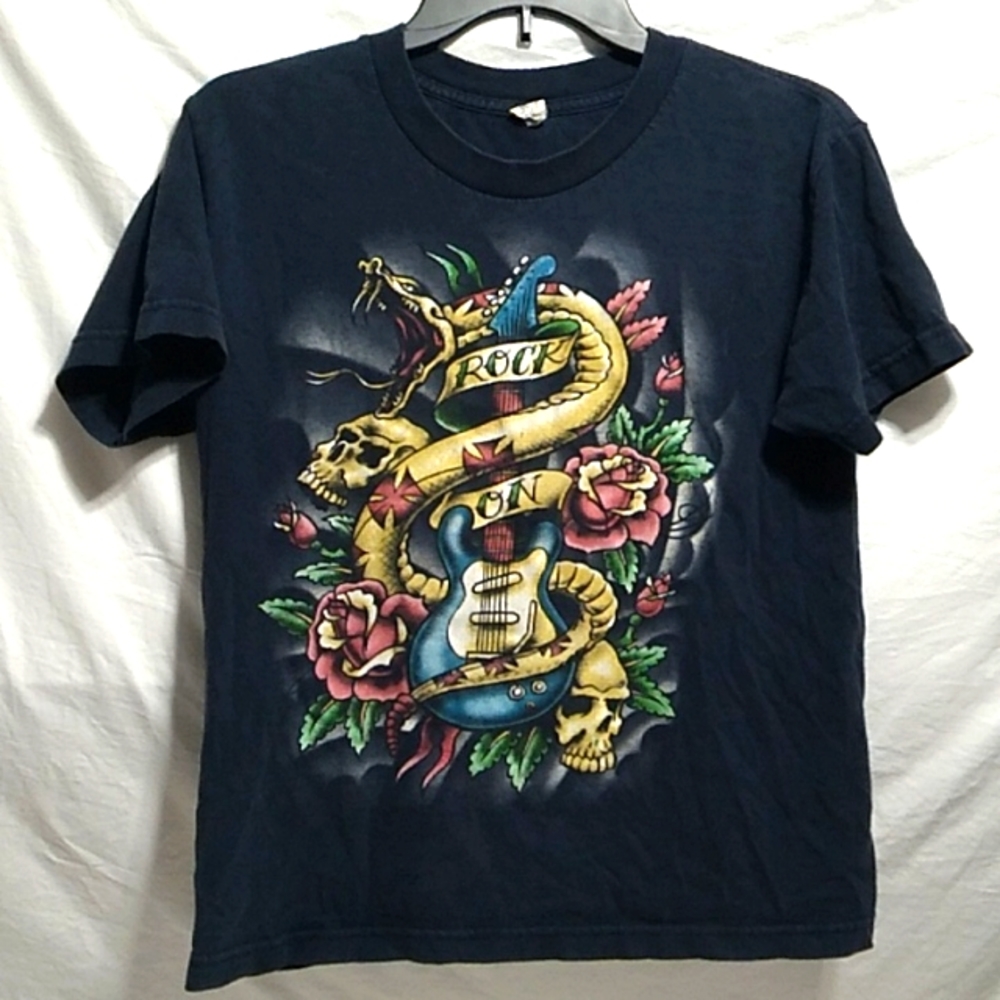 (BX80) SALE! RARE! Vintage 70's 707 Rock On Youth Medium Guitar Skull Rose Tee